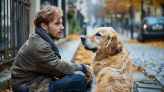 A young man with a guide dog rests on a city street.