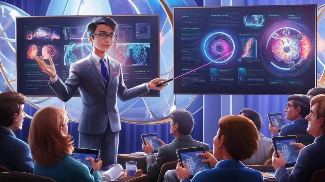 A young student presents his startup project on a stage at a conference.