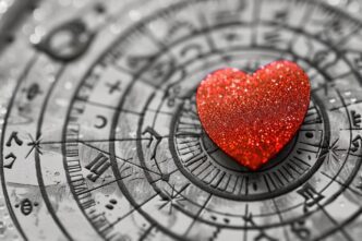 Black and white graphic of a zodiac chart.