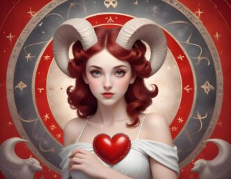 A close-up of a page from a book displays the Aries love horoscope, with text and a star symbol.