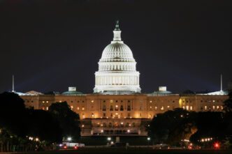 View of the US Capitol building in Washington DC at night