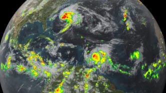 Graphic representation of precipitation over ocean during severe storms.