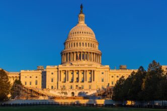 The exterior view of the US Capitol Building.