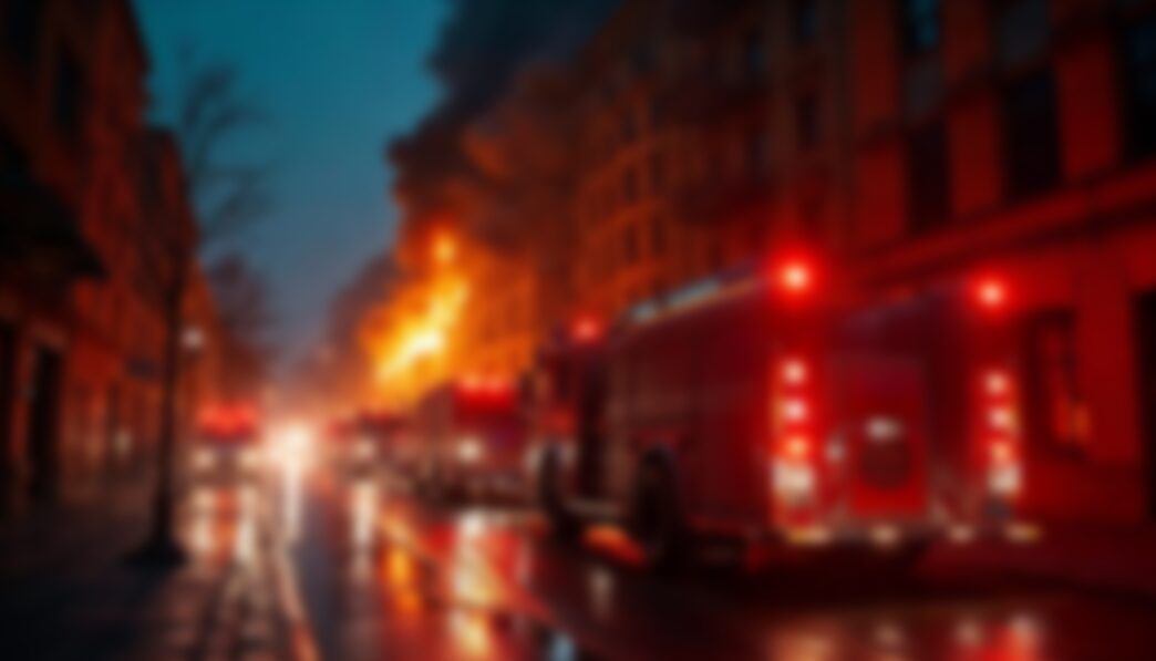 Fire trucks battling a blaze in New Orleans at night.
