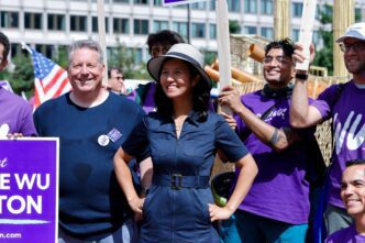 Boston Mayor Michelle Wu leads a downtown rally and march on Labor Day against Trump Administration policies.