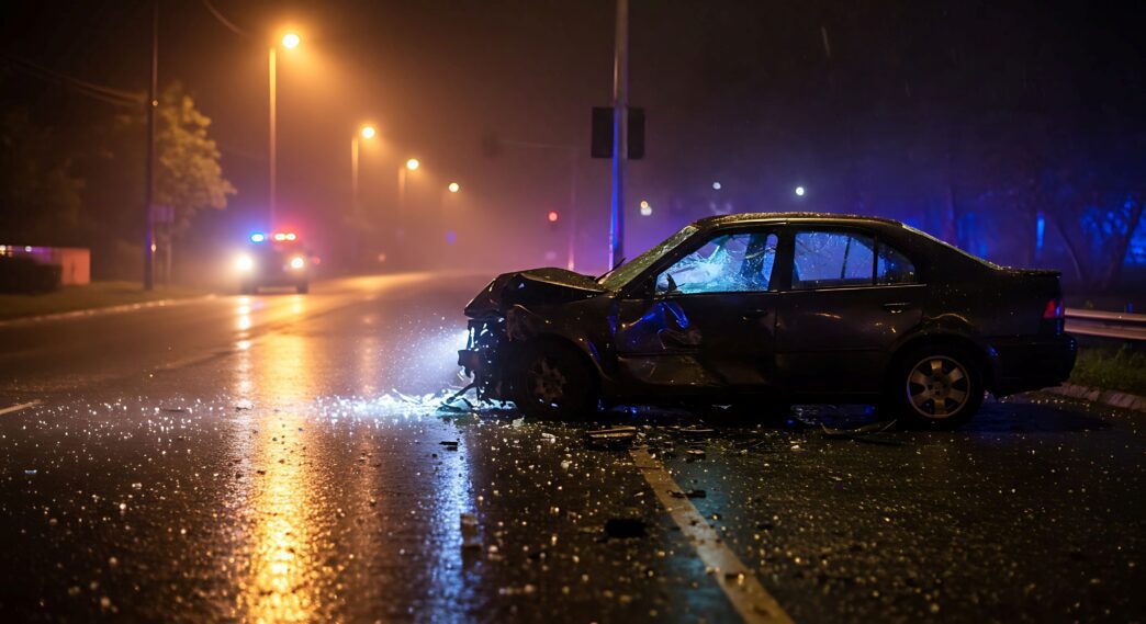 A damaged black car after a severe accident on a nighttime street with police presence, by Naziahasan-Shutterstock.