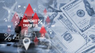 Digital symbols and arrows depict import tariffs increase over a global network background with currency and logistics icons.
