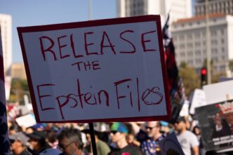 Protestors in Los Angeles demand the release of the Jeffrey Epstein files during the No Kings movement.