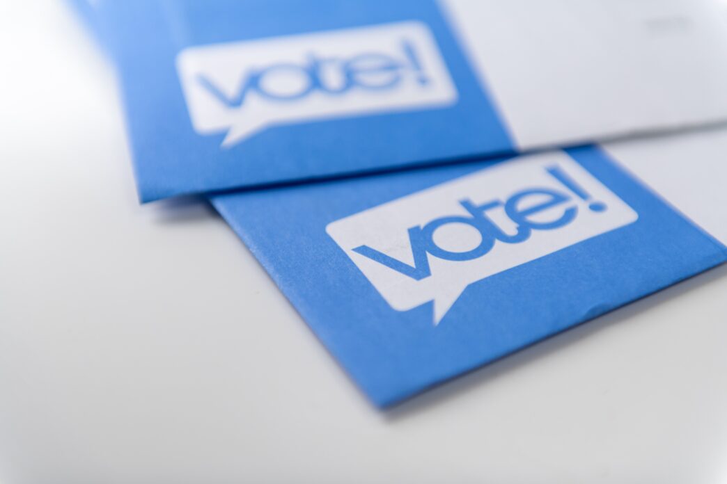 Mail-in ballots for US elections are displayed in close-up by Anna Hoychuk.