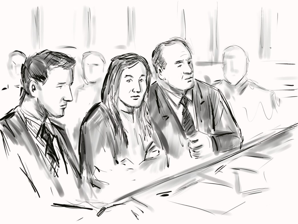 Courtroom sketch of a white lawyer with a female defendant during a trial hearing, in pencil and ink.
