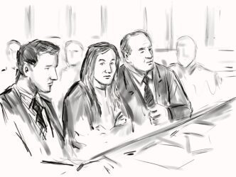 Courtroom sketch of a white lawyer with a female defendant during a trial hearing, in pencil and ink.