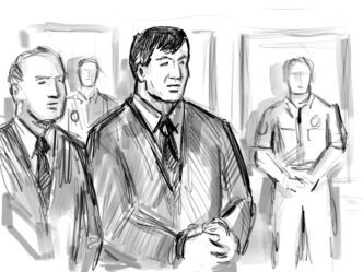 A courtroom sketch shows a male convict with a lawyer, bailiff, and police officer during sentencing.