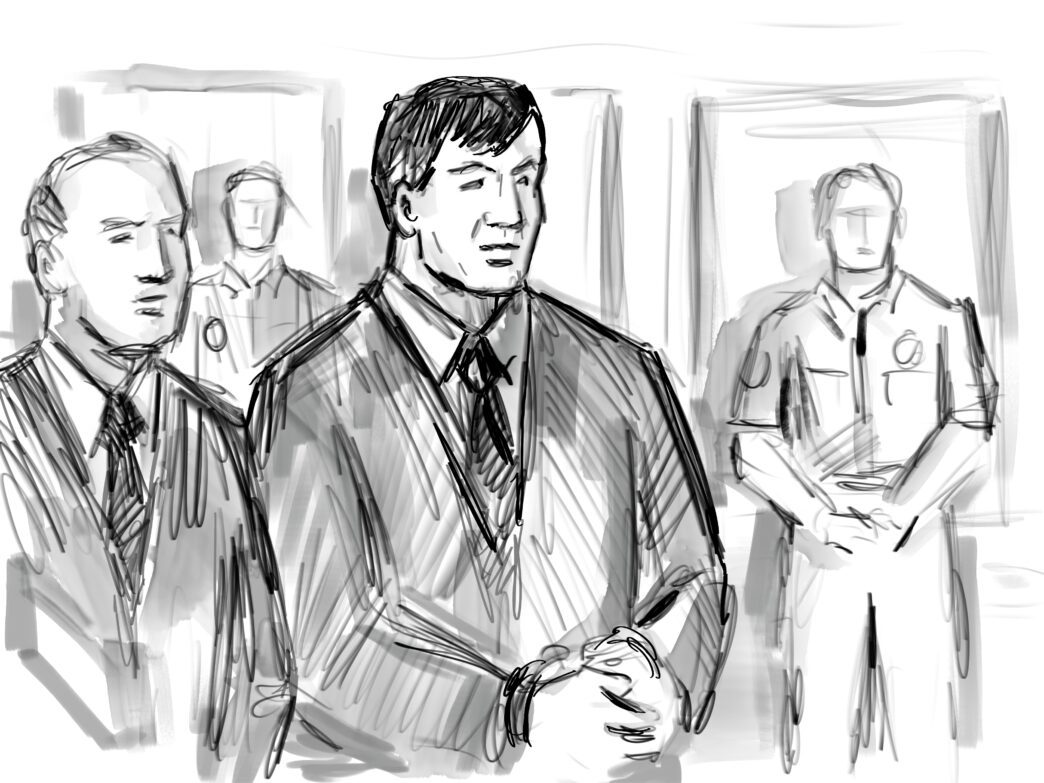 A courtroom sketch shows a male convict with a lawyer, bailiff, and police officer during sentencing.
