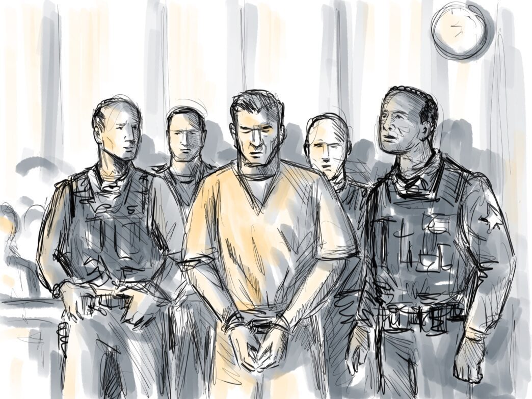 A courtroom sketch shows a convict with police officers during sentencing.