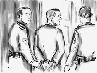 A pastel pencil sketch of a convicted defendant in handcuffs led out by a bailiff in a courtroom.