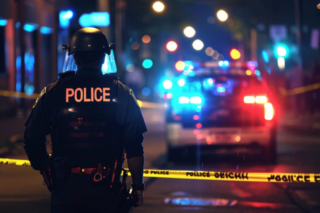 A police officer stands at a night crime scene with flashing lights and caution tape.
