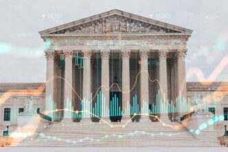 US Supreme Court facade overlaid with financial market graphs, symbolizing regulation impact.