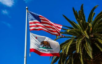 United States and California flags waving beside a palm tree under a clear blue sky.