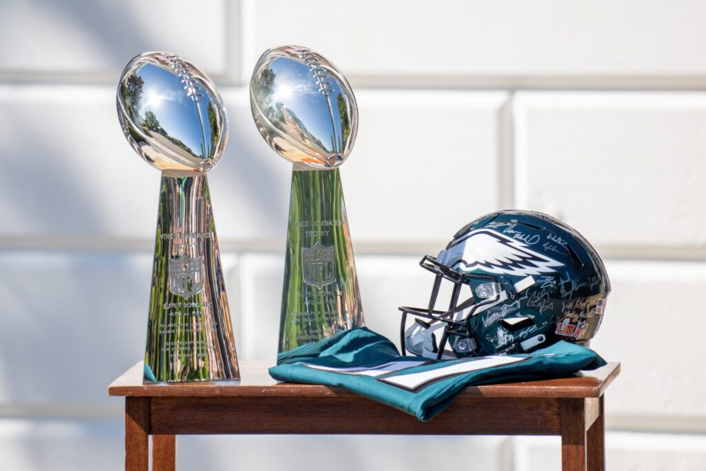 Philadelphia Eagles' Super Bowl 59 victory items on display at the White House South Lawn with President Trump.