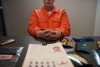 A young adult woman sits handcuffed at a police interrogation table with evidence and photos.