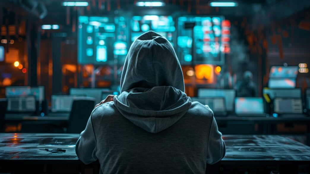 A cyber-criminal in a hoodie operates a computer in a dimly lit room with multiple screens.