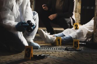 Investigator-criminologist examines outdoor crime scene with dead body and evidence markers.