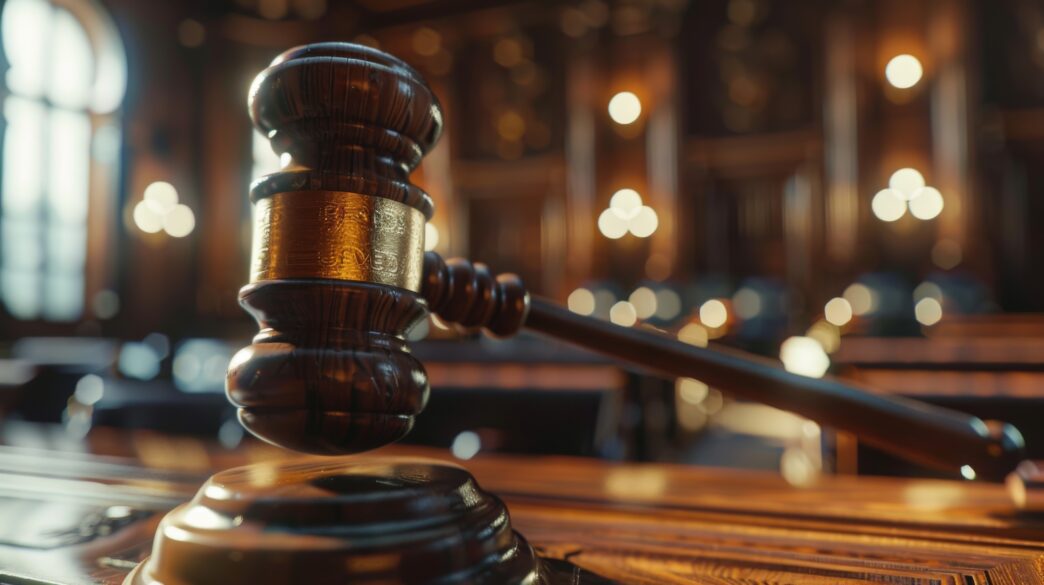 Judge's gavel in a courtroom setting symbolizes justice and judgment concepts.