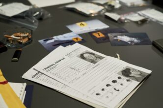 Evidence files and criminal profiles are organized on a desk for an investigation.