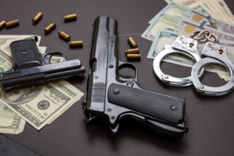 Pistol, handcuffs, and American dollar banknotes on a black background with bullet casings nearby.