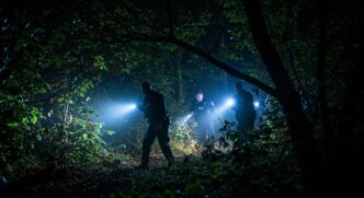 Police officers search in a dark forest at night using flashlights.