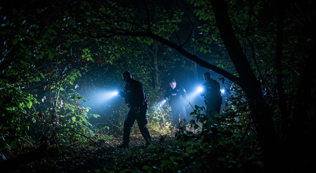 Police officers search in a dark forest at night using flashlights.