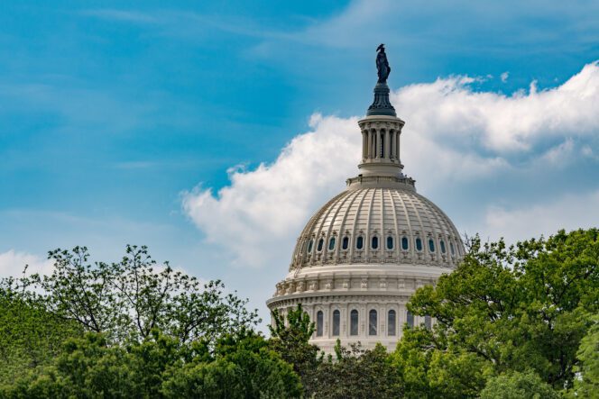 United States Capitol building in Washington D.C. under a cloudy sky.