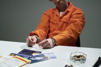A person in an orange jumpsuit sits at a table holding handcuffs.