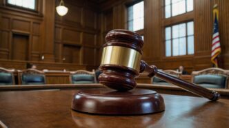 A judge's gavel rests on a table in an empty courtroom, symbolizing law and justice.