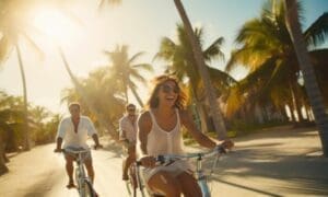 Depiction of a beautiful young woman and two men enjoying the sunset in Miami while riding their bicycles