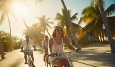 Depiction of a beautiful young woman and two men enjoying the sunset in Miami while riding their bicycles