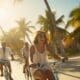 Depiction of a beautiful young woman and two men enjoying the sunset in Miami while riding their bicycles