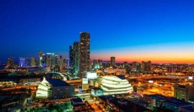 Aerial image of the Adrienne Arsht Center at sunset