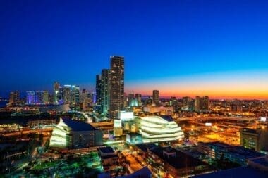 Aerial image of the Adrienne Arsht Center at sunset
