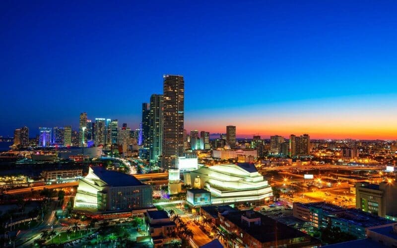 Aerial image of the Adrienne Arsht Center at sunset