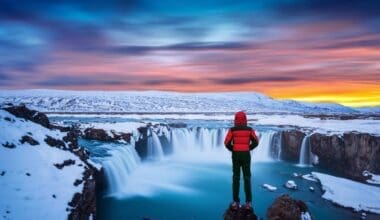 Godafoss waterfall sunset in winter, Iceland