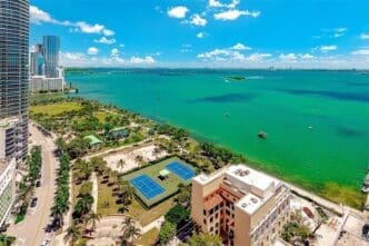 An aerial view of Margaret Pace Park in Miami, showcasing its green lawns, palm trees, and tennis courts, situated along the edge of a large bay with turquoise water, a bridge, and a city skyline in the distance under a bright blue sky.