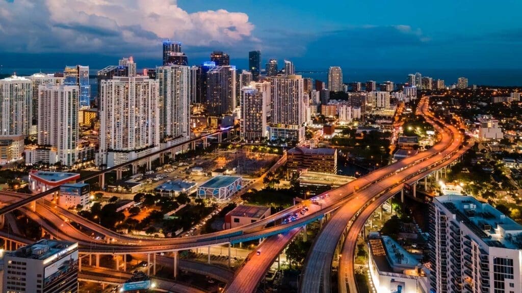 Nighttime aerial view of Downtown Miami.