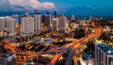 Nighttime aerial view of Downtown Miami.