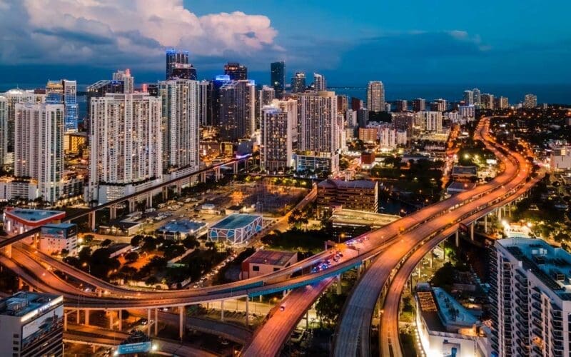 Nighttime aerial view of Downtown Miami.