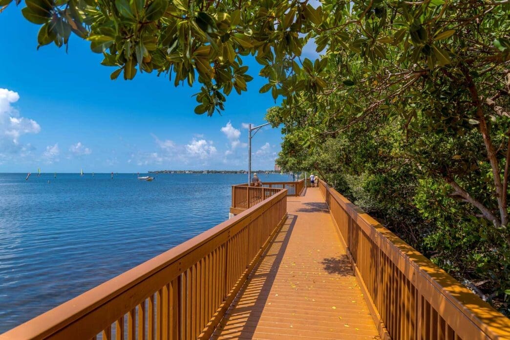 A wide, wooden boardwalk runs along a blue bay, surrounded by green trees under a bright, sunny sky.