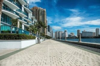 View of the waterfront near luxury buildings and skyscrapers in Brickell