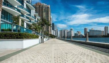 View of the waterfront near luxury buildings and skyscrapers in Brickell