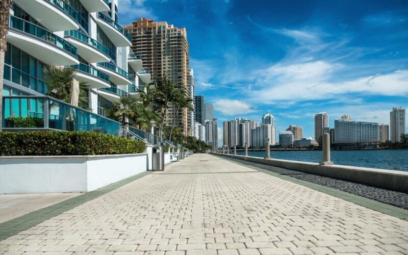 View of the waterfront near luxury buildings and skyscrapers in Brickell