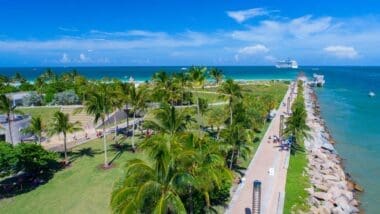 An aerial view of South Pointe Park in Miami Beach, showing lush green lawns, palm trees, pathways, a pier, and the ocean with a cruise ship.